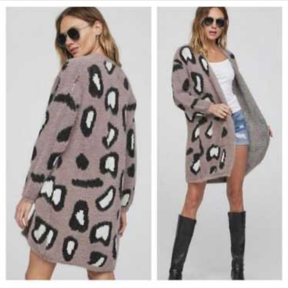 BIBI Mauve Animal Print Cottage Core Boho Oversize Open Front Long Cardigan S